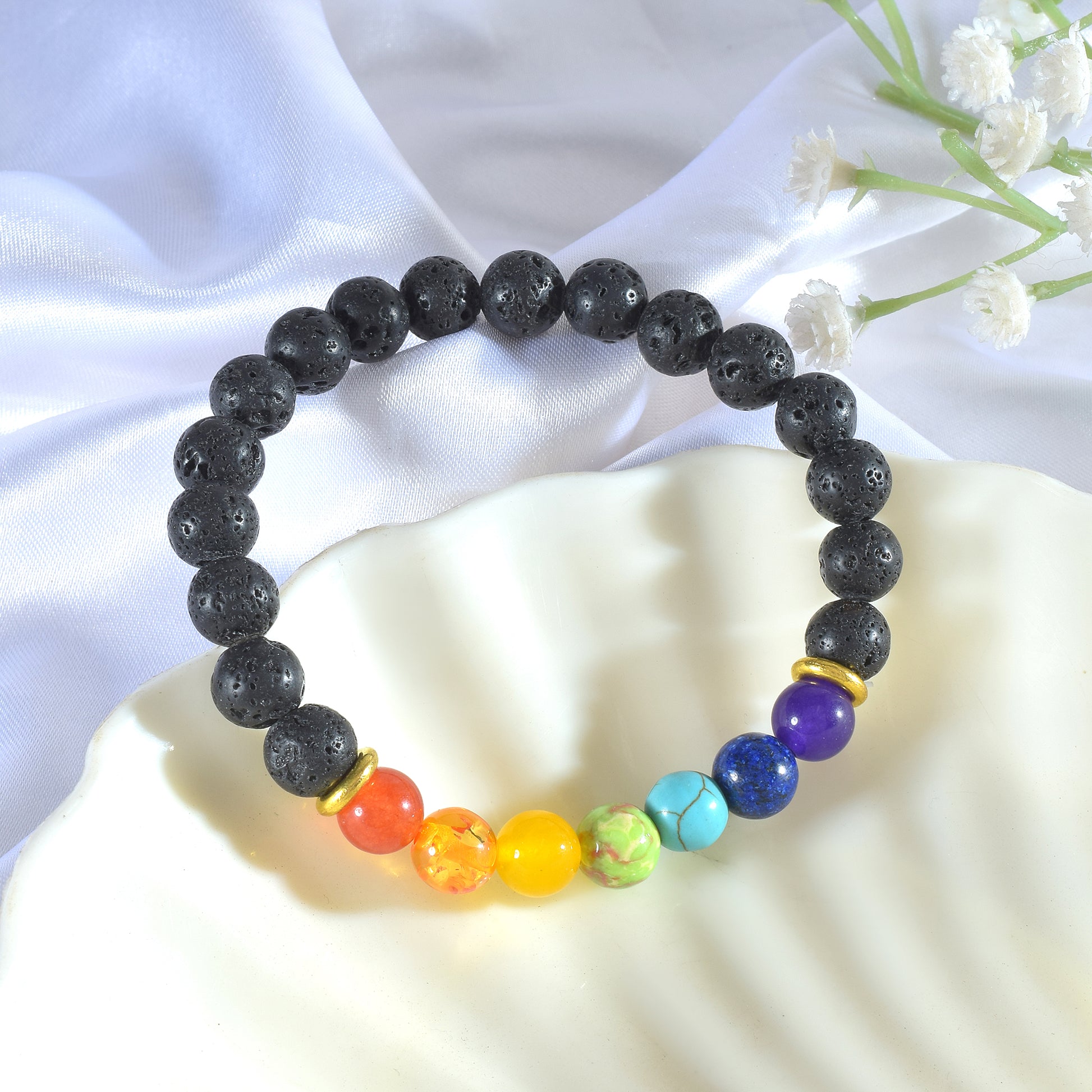 7 Chakra Lava Stone with Buddha 8mm Beads Bracelet For Healing